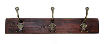 Wooden Antique Style Coat Rack Triple Hook Old Gold - Colour Walnut - Hangers 2 Hooks 40cm