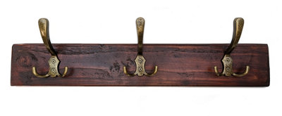 Wooden Antique Style Coat Rack Triple Hook Old Gold - Colour Walnut - Hangers 6 Hooks 110 cm