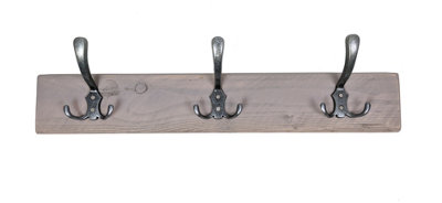 Wooden Antique Style Coat Rack Triple Hook Old Silver - Colour Antique Grey - Hangers 4 Hooks 80 cm