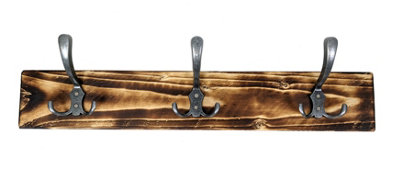 Wooden Antique Style Coat Rack Triple Hook Old Silver - Colour Burnt - Hangers 3 Hooks 60cm