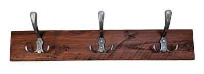 Wooden Antique Style Coat Rack Triple Hook Old Silver - Colour Dark Oak - Hangers 5 Hooks 90 cm