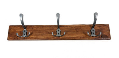 Wooden Antique Style Coat Rack Triple Hook Old Silver - Colour Medium Oak - Hangers 6 Hooks 110 cm