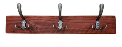 Wooden Antique Style Coat Rack Triple Hook Old Silver - Colour Teak - Hangers 4 Hooks 70cm