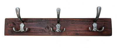 Wooden Antique Style Coat Rack Triple Hook Old Silver - Colour Walnut - Hangers 2 Hooks 30cm