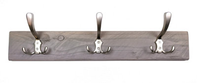 Wooden Antique Style Coat Rack Triple Hook Satin - Colour Antique Grey - Hangers 3 Hooks 60cm