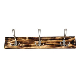 Wooden Antique Style Coat Rack Triple Hook Satin - Colour Burnt - Hangers 2 Hooks 30cm