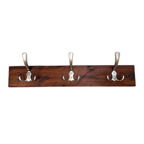 Wooden Antique Style Coat Rack Triple Hook Satin - Colour Dark Oak - Hangers 2 Hooks 40cm
