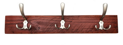 Wooden Antique Style Coat Rack Triple Hook Satin - Colour Teak - Hangers 2 Hooks 40cm