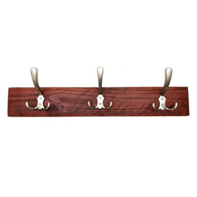 Wooden Antique Style Coat Rack Triple Hook Satin - Colour Teak - Hangers 2 Hooks 40cm
