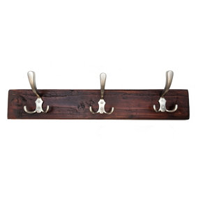 Wooden Antique Style Coat Rack Triple Hook Satin - Colour Walnut - Hangers 3 Hooks 50cm