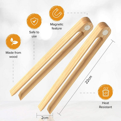 Wooden Bamboo Toast Tongs, Kitchen Toaster Tongs with Magnet Cooking Chopsticks 2 Pack