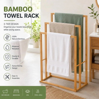 Wooden Bamboo Towel Stand Free Standing 3-Tier Bathroom Drying Rail ...