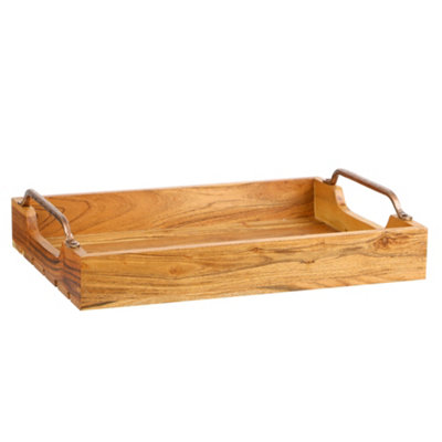 Wooden Bar Tray Copper Handle Home Bar Dining Entertaining Rectangular Cocktail Drinks Serving Platter Plate