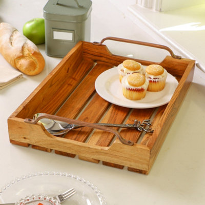 Wooden Bar Tray Copper Handle Home Bar Dining Entertaining Rectangular Cocktail Drinks Serving Platter Plate - 3