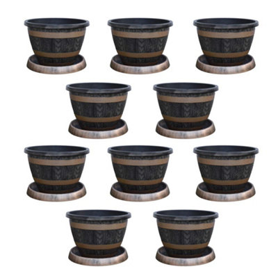 Wooden Barrel Effect Planter & Saucer x 10