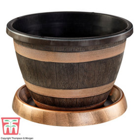 Wooden Barrel Effect Pot & Saucer x 1