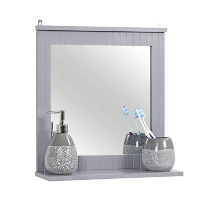 Wooden Bathroom Wall Vanity Mirror with Shelf, Modern and Space-Saving ...