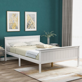 Wooden Bed Frame with Headboard and Footboard, Pine Wood Bed for Kids Bedroom, Ivory