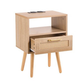 Wooden Bedside Cabinet with Drawer, Side Table for Living Room, Bedroom, Dining Room with USB Plug