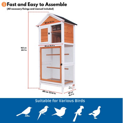Wooden Bird Aviary Outdoor, Indoor - Extra Large Bird Cage (163x60x40 cm) with Two Tier Nest and Removable Slide-Out Bottom Tray