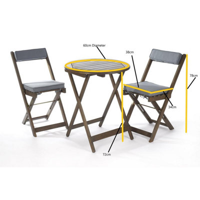 Wooden Bistro Set with Cushions - Weather Resistant Foldable Outdoor Garden Table & 2 Chairs for Patio, Decking, Balcony - Grey