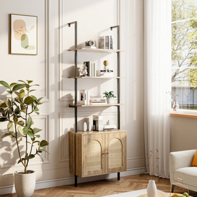 Wooden Bookshelf Rattan Cabinet with 2 Doors and Open Shelves