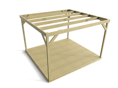 Wooden box pergola and decking, complete DIY kit (3m x 3m, Light green (natural) finish)