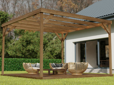 Wooden box pergola and decking, complete DIY kit (3m x 3m, Rustic brown finish)