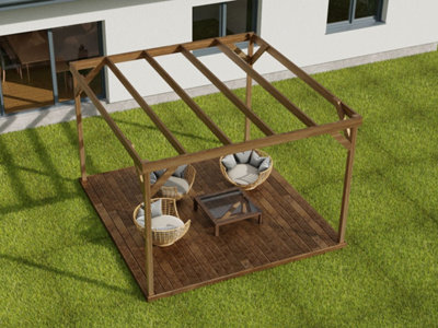 Wooden box pergola and decking, complete DIY kit (3m x 3m, Rustic brown finish)