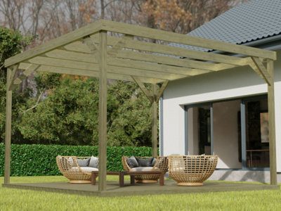 Wooden box pergola and decking, complete DIY kit (4.2m x 4.2m, Light green (natural) finish)