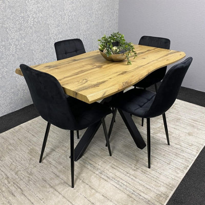 Wooden Brown Dining Table with 4 Black Velvet Chairs, Stylish Dining Room Furniture