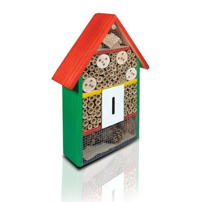 Wooden Bug & Bee House - Wall Mounted Colourful Outdoor Garden Insect Hotel Shelter Nesting Box Habitat - H39.5 x W25 x D9cm