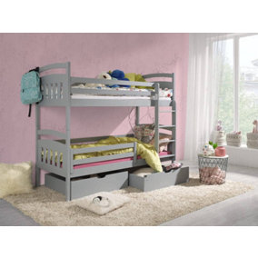 Wooden Bunk Bed Gabi with Storage and Foam Mattresses in Grey W1980mm x H1640mm x D980mm