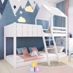 Wooden Bunk Bed, Loft Bed with Ladder and Guard Rail, Mid-Sleeper Cabin Bed, 3 FT Single Treehouse Canopy (White 90 x 190 cm)