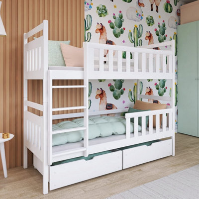 Wooden Bunk Bed Monika with Storage in Whtie with Foam Mattresses DIY