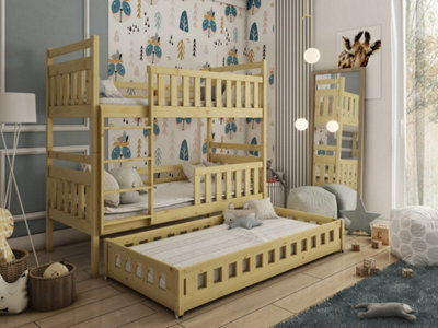 Wooden Bunk Bed Olivia With Trundle and Foam/Bonnell Mattresses in Pine W1980mm x H1710mm x D980mm