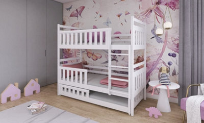 Wooden Bunk Bed Olivia With Trundle and Foam Mattresses in White W1980mm x H1710mm x D980mm