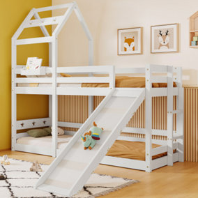 Wooden Bunk Bed Tree House with Slide and Ladder 90 x 190 cm, 3FT Cabin Bed for children, White