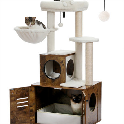 Wooden Cat Tree Cat Tower with Litter Box Enclosure for Indoor Large Cats Brown DIY at B Q