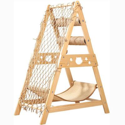 Wooden Cat Tree, Triangle Design with Cat Hammock & Sisal Scratch Post ...