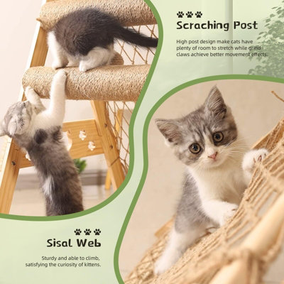 Wooden Cat Tree, Triangle Design with Cat Hammock & Sisal Scratch Post ...