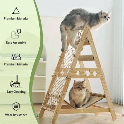 Wooden Cat Tree, Triangle Design with Cat Hammock & Sisal Scratch Post ...