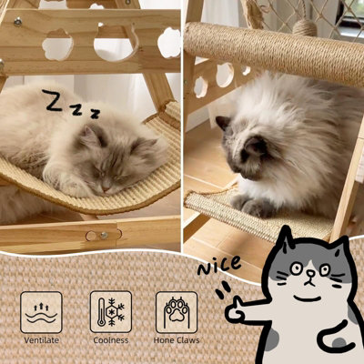 Wooden Cat Tree, Triangle Design with Cat Hammock & Sisal Scratch Post ...