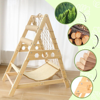 Wooden Cat Tree, Triangle Design with Cat Hammock & Sisal Scratch Post ...