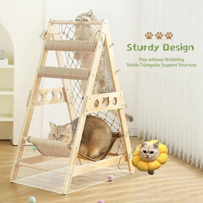 Wooden Cat Tree, Triangle Design with Cat Hammock & Sisal Scratch Post ...