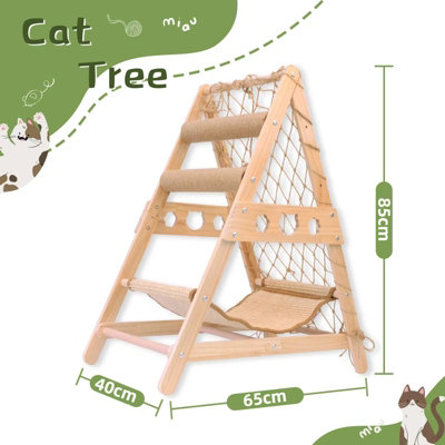 Wooden Cat Tree, Triangle Design with Cat Hammock & Sisal Scratch Post ...