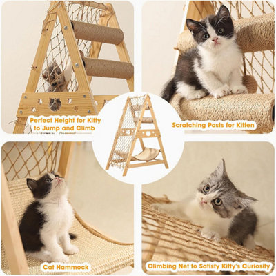 Wooden Cat Tree, Triangle Design with Cat Hammock & Sisal Scratch Post ...