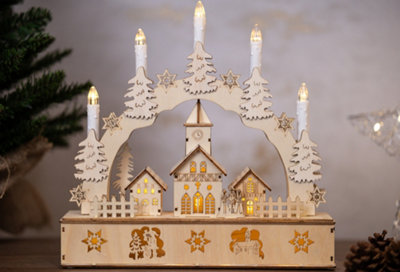 Wooden Christmas Candle Bridge with Village Scene