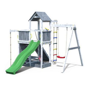 Wooden Climbing Frame Tower in Grey & White with Single Swing & Slide