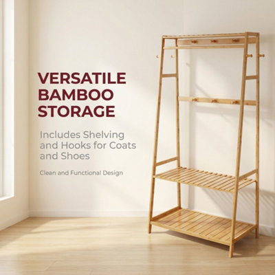 Wooden Clothes Rack Open Wardrobe With Shoe Storage Shelves